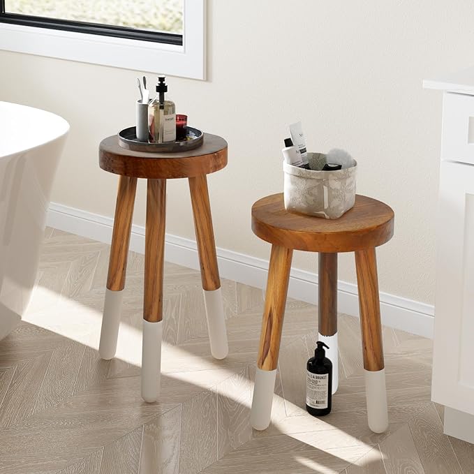Teak 11.8” Round Dip Dyed Teak Stool | Wood Accent Side Table | Wood Plant Stand (20" Tall)