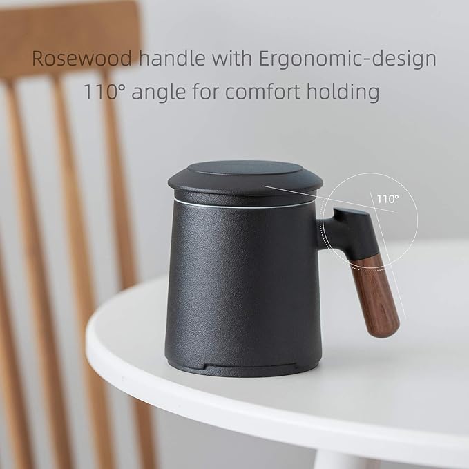 ZENS Tea Cup with Infuser and Lid for Loose Leaf Tea Steeper, 12oz Black Tea Mug with Fine Tea Strainers for Hot Tea Diffusers, Wood Handle Ceramic Tea Mugs Accessories for Tea Lovers Gifts