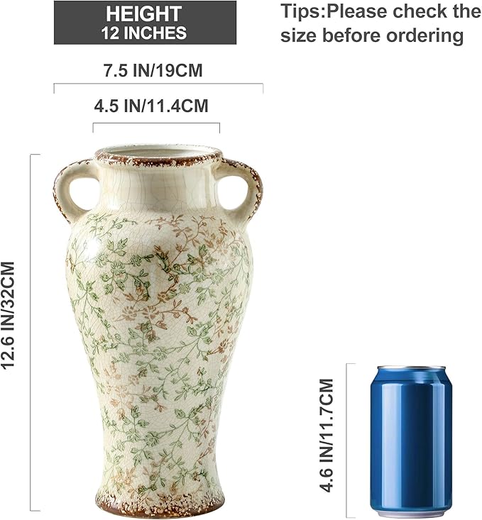 Enra Farmhouse Vintage vase with Handle,12.6 in Ceramic Chinoiserie Floral Vase,Green and Beige Decorative Flower vase,Large Rustic Vases for Home Decors, Living Room, Bookshelf, Office