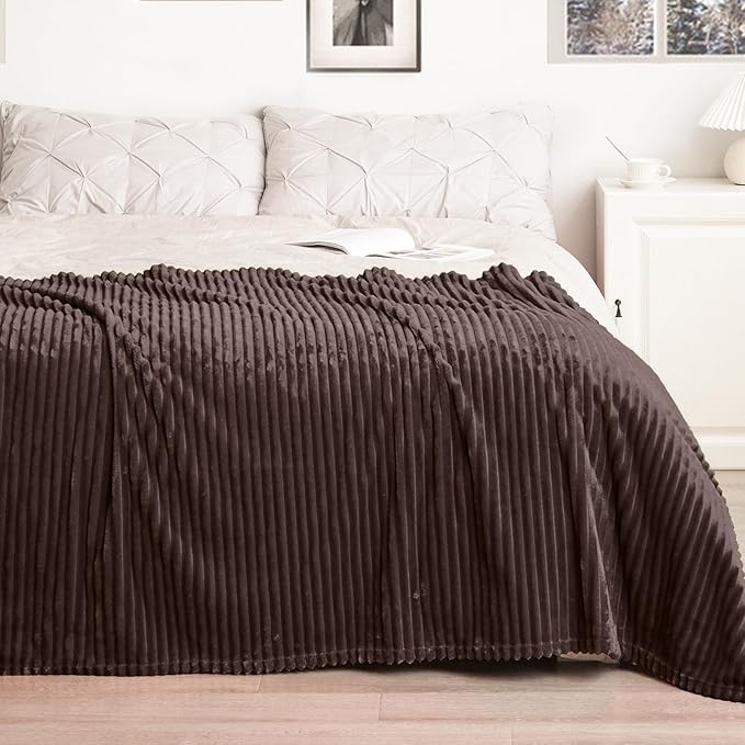 Vessia Flannel Fleece Queen Size Blanket(90x90 inch), 300GSM Cozy Brown Stripe Bed Blanket for Couch, Sofa and Bed, Warm and Soft Chocolate Microfiber Ribbed Decor for All Season