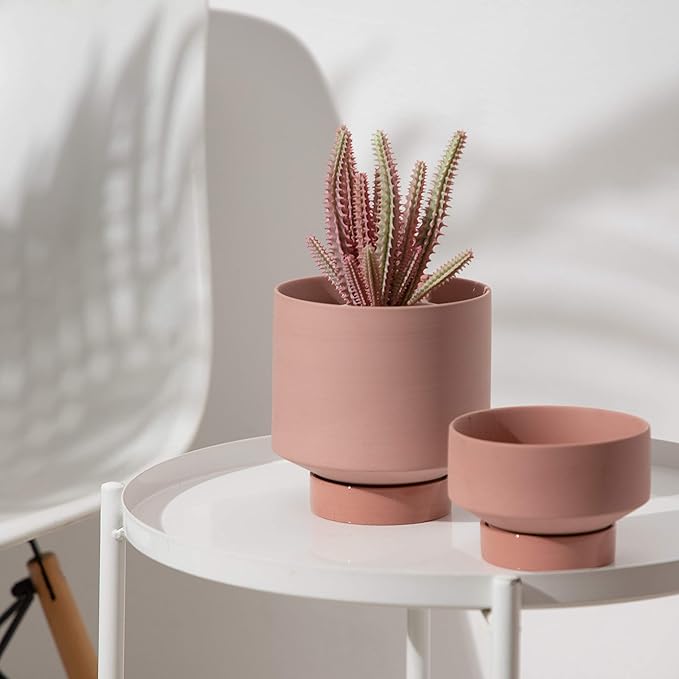 UBEE Ceramic Plant Pots for Plants Indoor Flower Planter 5.43 Inches and 4.61 Inches Succulents Basket with Drainage Hole Saucer Set of 2, Terracotta