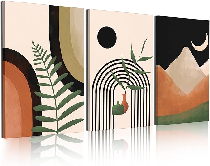 Gisipameis Large Framed Canvas Boho Wall Art Set of 3, Mid Century Modern 16" x 24", Minimalist Black Beige Neutral Abstract Geometric Prints Room Posters for Living Room Bathroom