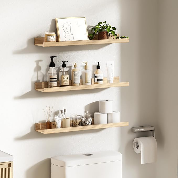 upsimples Floating Shelves for Wall, Wood Mounted Shelf Decor Storage Set of 6, for Bedroom, Living Room, Bathroom, Kitchen, 23.6 inch Long Picture Ledge, Natural
