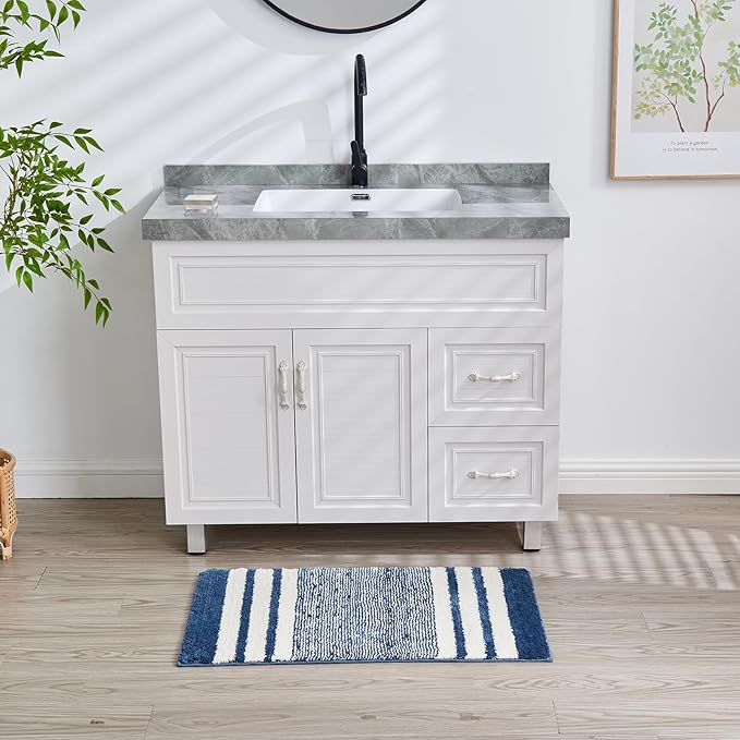 CozeCube Blue Striped Bath mats for Bathroom Non Slip, Fluffy Absorbent Microfiber Bath mat Washable, Aesthetic Bathroom Rugs, Cute Bath mat for Sink, 20" x 32"