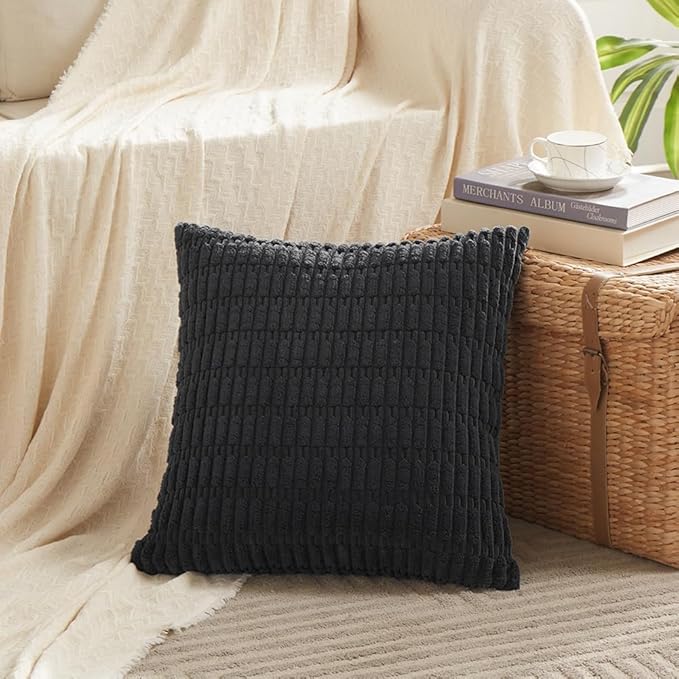 Fancy Homi 4 Packs Boho Black Decorative Throw Pillow Covers 22x22 Inch for Living Room Couch Bed Sofa, Rustic Modern Farmhouse Home Decor, Soft Plush Corduroy Cute Square Cushion Case 55x55 cm