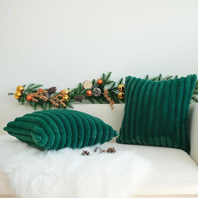 JOJUSIS Pack of 2 Faux Fur Plush Decorative Throw Pillow Covers Couch Cushion Case Soft Pillowcases (Dark Green, 20 x 20-Inch)