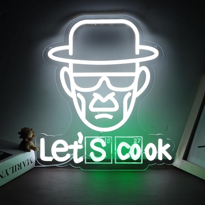 Breaking Bad Neon Sign Heisenberg for Wall Decor,Funny Let's Cook Neon Ligthts with Dimmable LED Signs for Man Cave Bedroom Bar Party Neon Gifts for Crime TV Show Fans Gifts