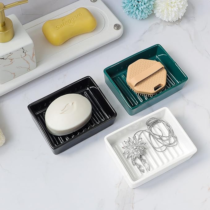 Green Soap Dish,Ceramic Soap Dishes for Sink Bathroom Shower Kitchen, Easy to Clean Keeps Soap Dry, Multi-Purpose Non-Slip Soap Tray (Dark Green)