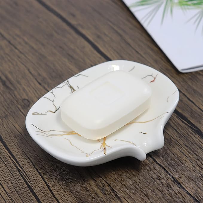 Ceramic Marble Texture Soap Dish,Self Draining Slot,Ceramic Self Draining Soap Dish Portable,Bathroom Accessories for Shower,Bathroom,Kitchen, Sink,Countertop,for Travelling,Camping,Gym