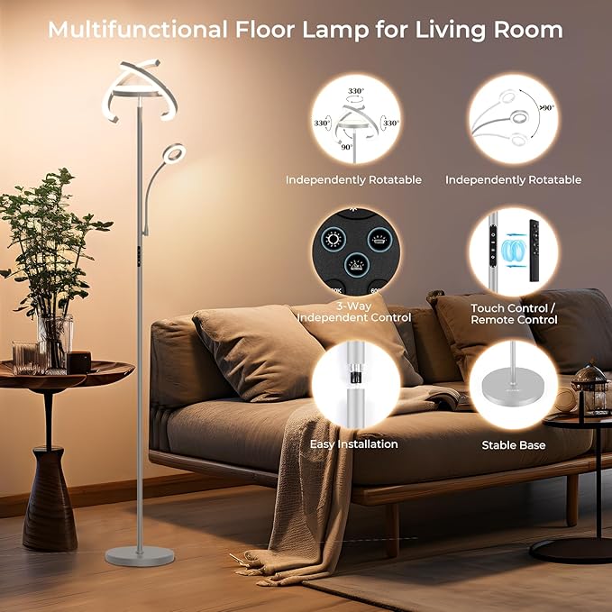 FIMEI 3 in 1 Floor Lamp, Modern Bright Standing Lamp with Split Rotatable Outer Ring Light and Small Reading Light, 4 Color and Dimmable, 3-Way Independent Control for Living Room Office, Gray