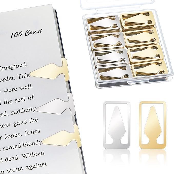 100 Count Tin Mixed Metals Book Line Markers Arrow Bookmarks and Page Markers in Gold and Silver for Reading Teachers Students Book Lovers School and Work