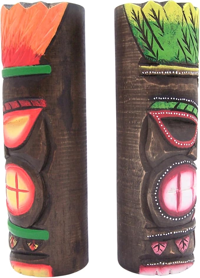 Painted Tiki Wooden Statues, Freestanding, Beach Décor, Set of 2 Assorted Colors, 12 Inches High
