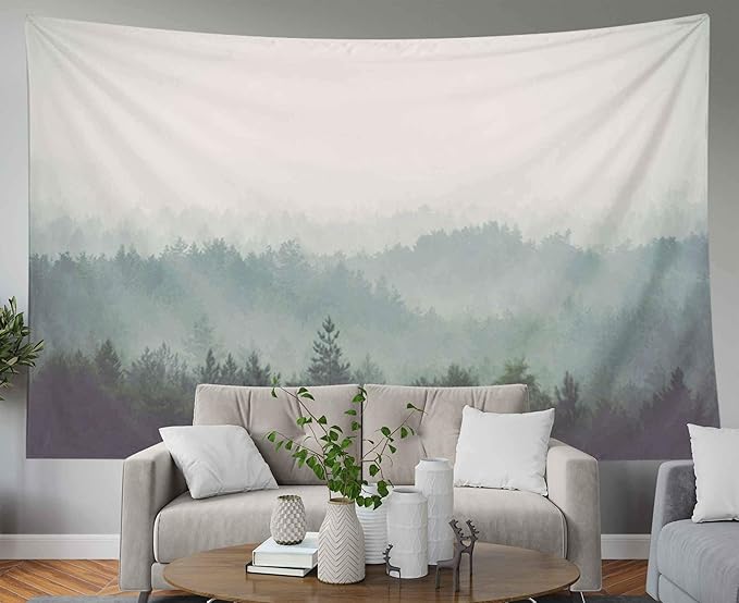 EMMTEEY Grey Misty Forest Mountain Tapestry - Large Wall Tapestry 80x60 Inches for Bedroom & Living Room Decor