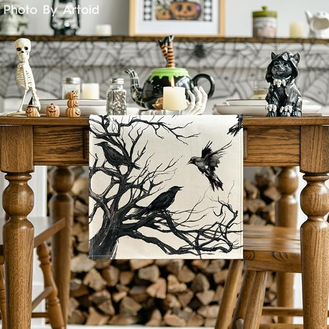 Artoid Mode Silhouette Tree Crows Branches Halloween Table Runner, Seasonal Fall Kitchen Dining Table Decoration for Home Party Decor 13x60 Inch