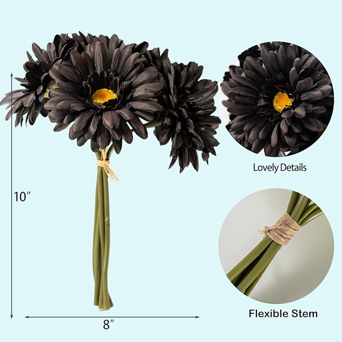 TOPIA Artificial African Daisies Flowers African Daisy Silk Flowers Artificial Gerbera Daisies Pack of 10 (Black)