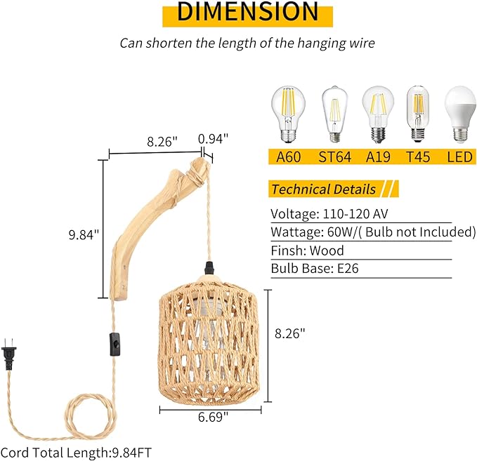 Frideko Plug in Wall Sconces Set of Two Hand Woven Lamp with Cord Rattan Lights Farmhouse Sconce Mounted Light Boho Lighting for Bedroom Living Room