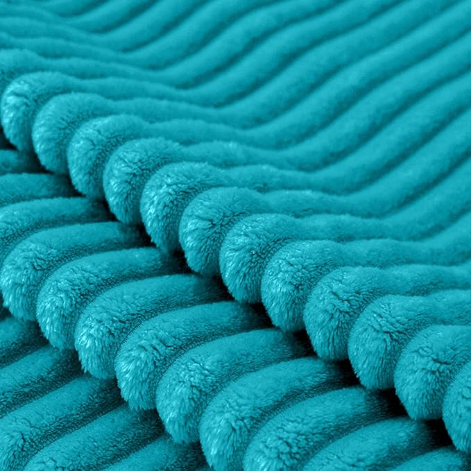 Vessia Flannel Fleece Throw Blanket for Couch,Sofa,Bed, 300GSM Striped Teal Blanket for Adults and Kids, Super Soft Warm Cozy Lightweight Ribbed Throw for All-Season