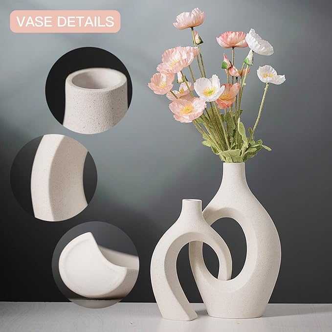XL Beige Ceramic Vase Set of 2 for Modern Home Decor, Eclectic Entryway Modern Boho Hollow Flower Vases for Living Room Bookshelf Dining Coffee Table Centerpiece (W 6.8" X H 11")