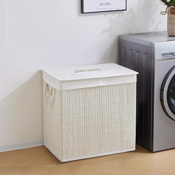 Laundry Hamper with Lid, 42.3 Gallon (160L), Handwoven Rattan Laundry Basket, 3-Section Clothes Hamper with Handles, 2 Removable Liner and Side Pocket, White