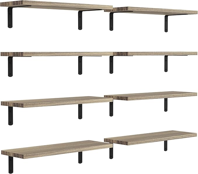 Floating Shelves, 8 Sets Wall Shelves, Wood Floating Shelves for Bedroom Wall Décor, Wall Mounted Floating Bathroom Shelf for Storage, Floating Book Shelf Living Room – Rustic Brown