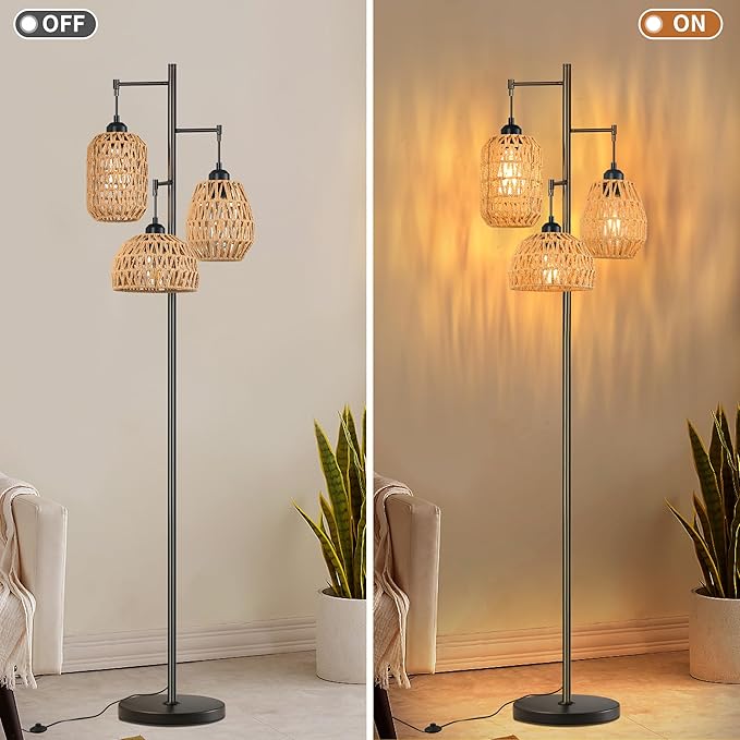 Boho Floor Lamp for Living Room Bedroom - Farmhouse 3 Rattan Wicker Shades, Rustic Black Vintage Standing Light 68" Tall Tree for Office, Reading, Corner