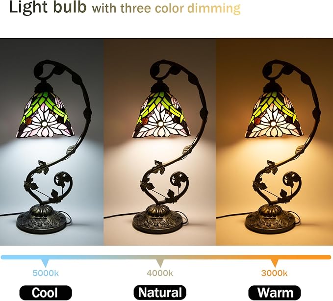 Tiffany Lamp,21x11x8 inches Stained Glass Lamp,Pink Chrysanthemum Tiffany Style Table Lamp with Three-Color Dimming for Bedside,Dining Table,Antique Office