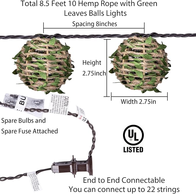 Decorative Lantern String Lights, Outdoor Plug in Hanging Lights with 10 Natural Hemp Rope Leaf Balls, Connectable Weatherproof Patio Globe Boho String Lights for Home Pergola Porch Party Backyard