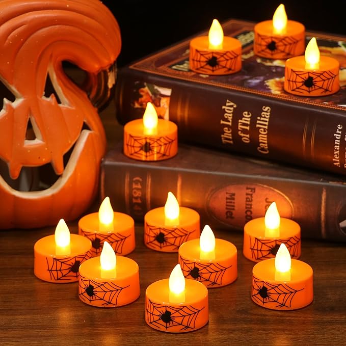DRomance Halloween Flameless Votive Candles Battery Operated with 6H Timer, 12 Pack Spider Cobweb Decal LED Flickering Pumpkin Tea Lights Candles Fall Indoor Decoration(1.5" D x 1.4" H)