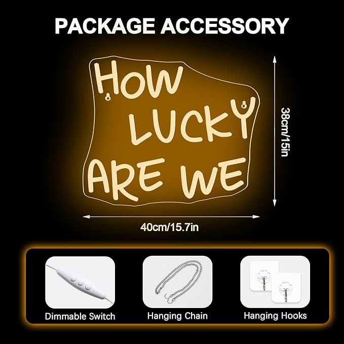 NOSUN How Lucky Are We Neon Sign Lucky Light Signs, Warm White Neon Signs for Wall Decor, Lucky LED Neon Signs for Teen Girls Neon Lights Signs for Bedroom, Salon, Party Neon Name Sign