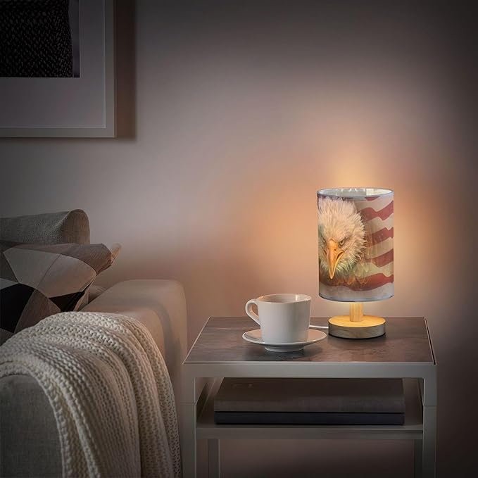 Table Lamp American Bald Eagle on USA Flag Nightstand Lamp with Wood Base Fabric Lamp Shade Bedside Desk Lamp for Living Room Bedroom Kids Room Office