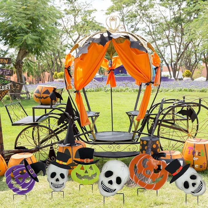 hogardeck Halloween Decorations Outdoor, 2PCS Stacked Skull Pumpkin Decorative Garden Stakes for Halloween Decor, Metal Yard Signs for Outside Garden Lawn Porch Party Decorations