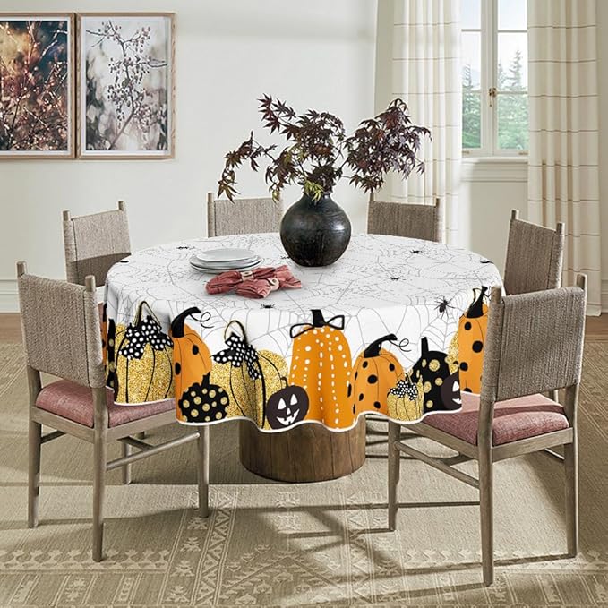 Horaldaily Halloween Tablecloth 60x60 Inch Round, Jack-O-Lantern Pumpkin Cobweb Scary Themed Washable Table Cover for Party Picnic Dinner Decor