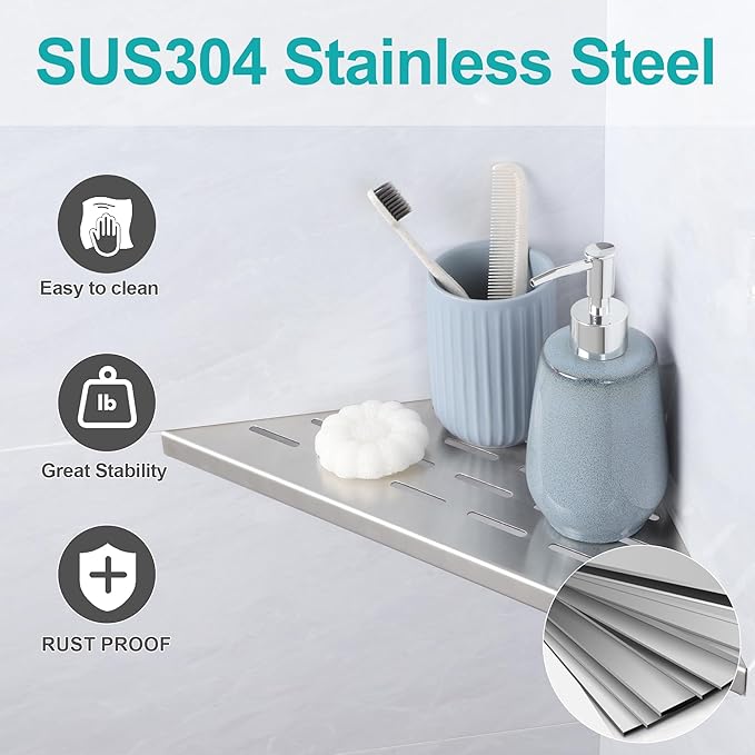 12" Corner Shower Shelf, 2-Pack Bathroom Shelves for Tile Walls, SUS304 Stainless Steel Recessed Shower Shelf, Grout in Corner Organizer Shelves, Brushed Silver, Large Size