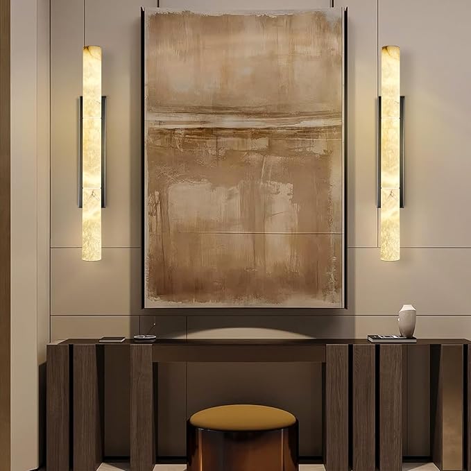Bronze Alabaster Wall Sconces, 36" Large Marble Wall Sconce, Hardwired Black Wall Sconces Interior, Stone Wall Sconce Dimmable, Alabaster Wall Lamp for Living Room, Bathroom, Bedroom, Hallway-Upgraded
