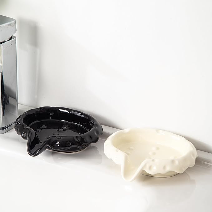 Ceramic Soap Dishes with Drain Spout, Modern Bathroom Countertop Soap Holder, Porcelain Soap Tray for Sink. Cream White.