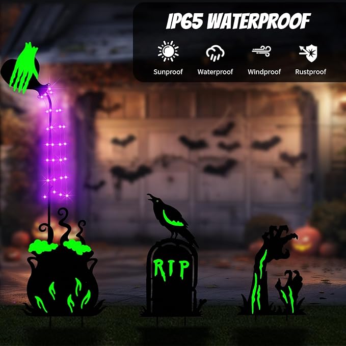 Halloween Yard Signs Outdoor Decorations,3 Pack Warerproof Solar Scary Fluorescent Metal Stake Lights Glow in The Dark for Lawn Garden Halloween Decor (Potions Ghost Hand Tombstone)