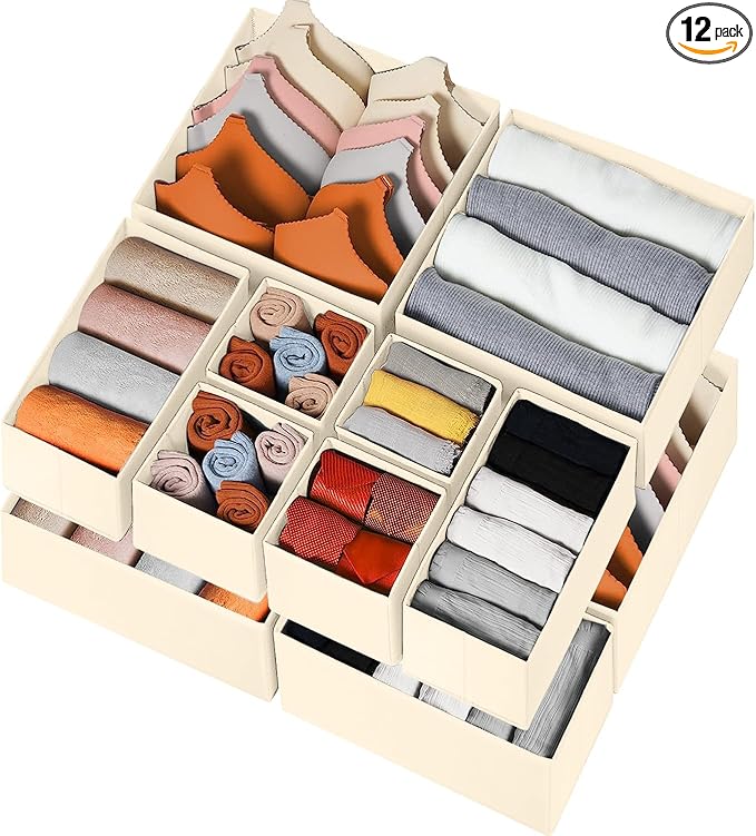 Criusia Drawer Organizer Clothes 12 Pack, Dresser Organizer for Nursery Bedroom Closet Organization and Storage - Baby Clothes Organizer Bins - Drawer Divider for Sock Underwear Bra Ties (Beige)