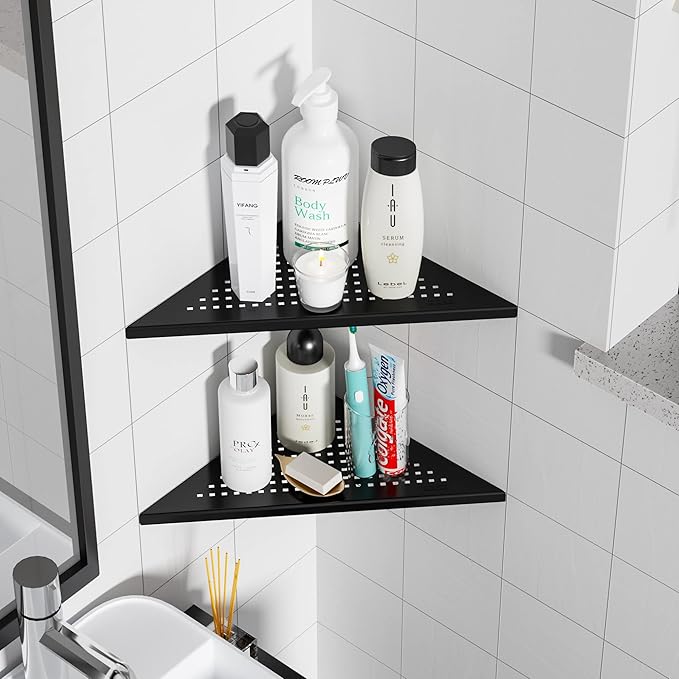 Corner Shower Shelves, 10” Recessed Tile Shower Shelf Matte Black, 304 Stainless Steel Grout in Corner Tile Bathroom Shelves, No Drilling, 2 Pack