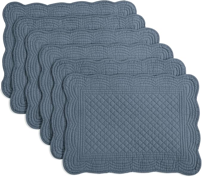 HOMBYS Quilted Placemats Set of 6 Washable-13x18 inches Rectangular Placemats for Kitchen Table-100% Cotton Fabric Rectangular Table Mats, (Blue)