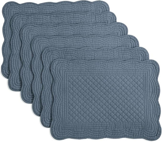 HOMBYS Quilted Placemats Set of 6 Washable-13x18 inches Rectangular Placemats for Kitchen Table-100% Cotton Fabric Rectangular Table Mats, (Blue)