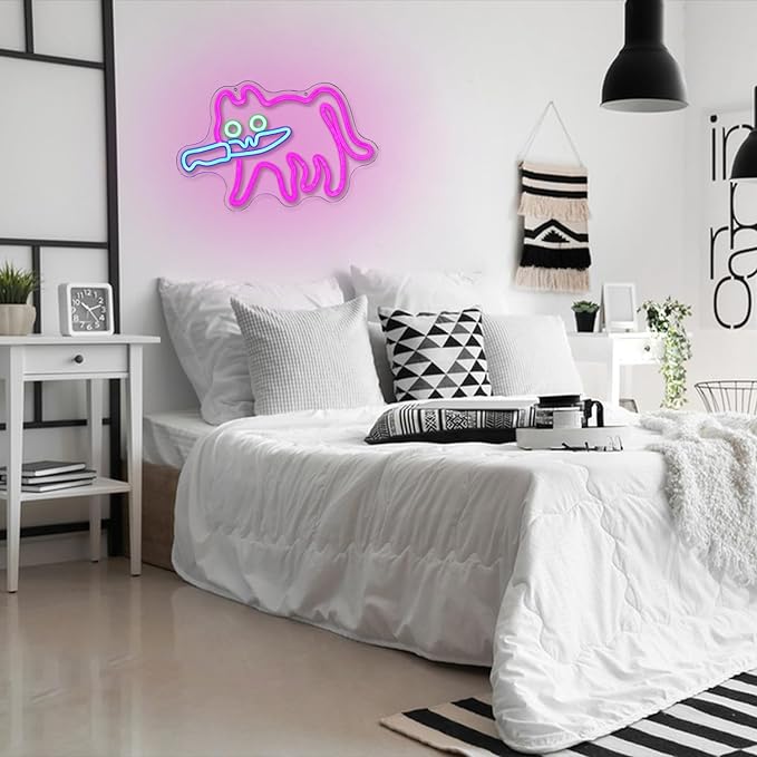 Cautiously Cat Neon Sign for Wall Decor Knife Neon Light Adorable LED Neon Sign for Bedroom Zoo Cat Cafe Cat House Store Restaurant Home Kitchen Men Cave Home Bar Decoration(16.9"*12.4")