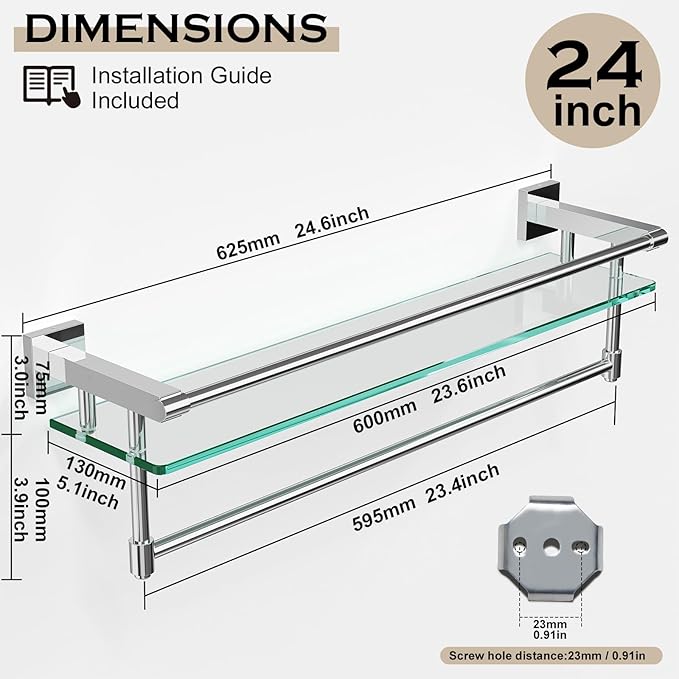 20" Glass Shelves for Wall with Towel Bar/Track SUS 304 Stainless Steel Shelf Tempered Glass Shelf, for Toilet, Room Decor(Chrome Polished, 24-inch)