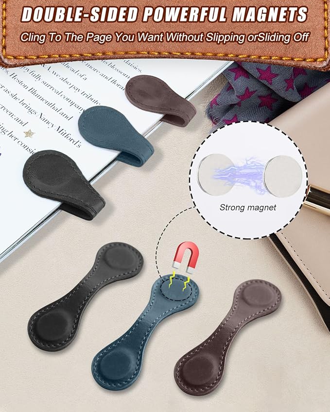 1Pcs Magnetic Leather Bookmark - Vintage Faux Double-Sided Magnetic Bookmark Page Clip for Women & Men, Book Accessories Compact Book Lover Gift for Readers, Travel & Office (Black)