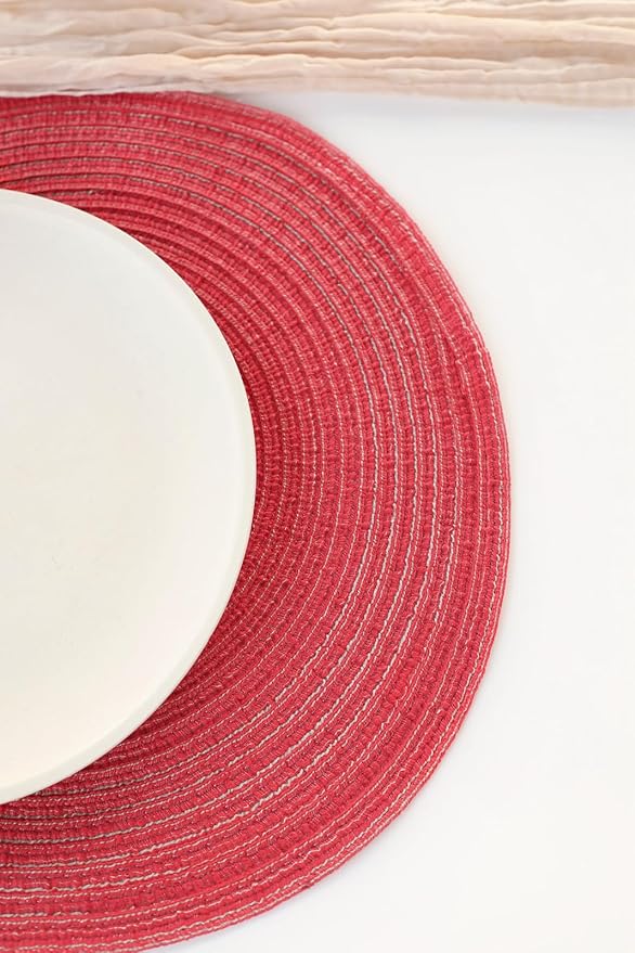 Floroom 15 Inch Round Braided Placemats Set of 6, Washable Heat Resistant Cotton Polyester Circle Place Mats for Kitchen Dining Table - Dark Red