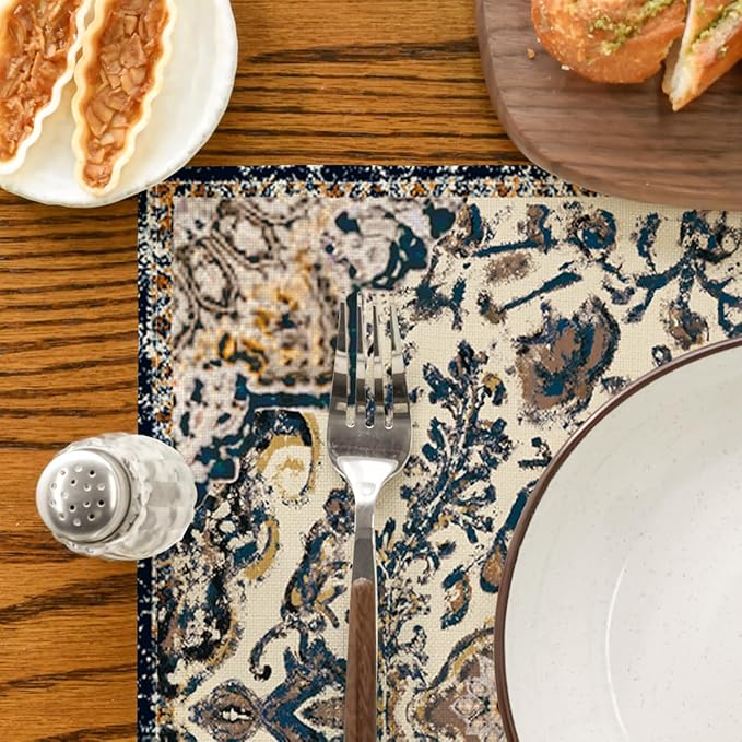 Artoid Mode Boho Placemats Set of 4, Daily Blue Teal Flowes Bohemia Table Mats for Home Party Dining Decoration 12x18 Inch