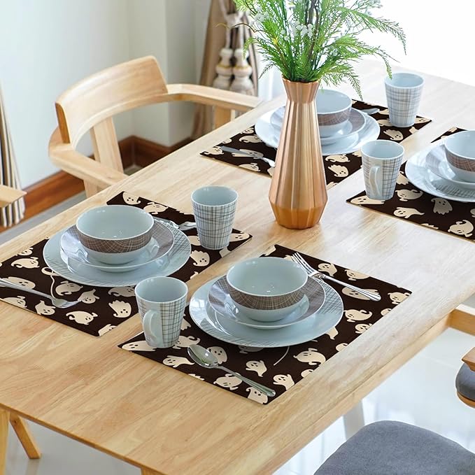 Giwawa Halloween Placemats Set of 4, 12x18 Inch Spooky Gothic Ghosts Black Place Mat for Kitchen Dining, Holiday Double Sided Heat Resistant Table Mats for Tabletop Party Indoor Outdoor Decor