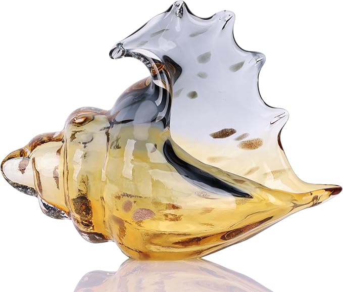 DOVDOV Hand Blown Glass Conch Statues, Gray and Amber Glass Art Figurines, Conch Shells for Coastal Home Decor, Living Room TV Stand and Bookcase Decor, Bathroom Shelf Tops and Cabinet Decor.