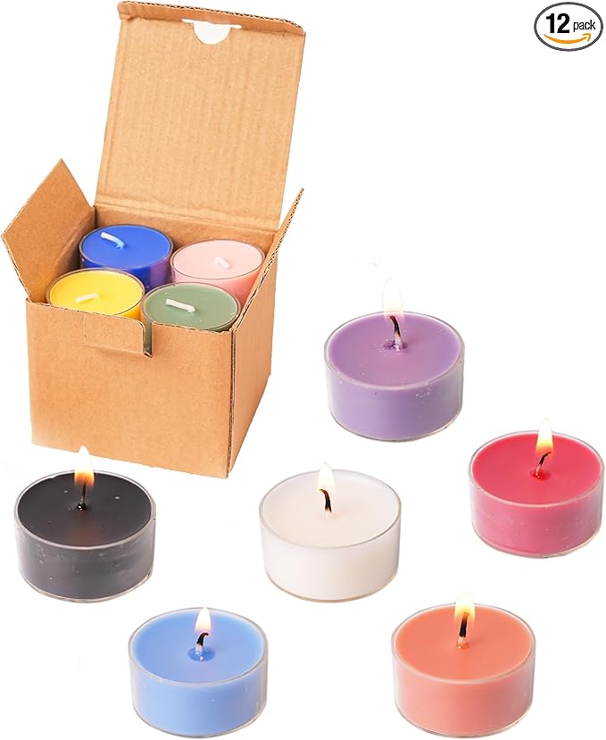 12 Unscented Natural Soy Tealight Candles in Clear Cups, 5H Long Clean Burning, Hand-Poured Coloful Mini Tea Candle Set for Parties, Spa, Meditation, Gift, Holiday, Emergency, Home Decor