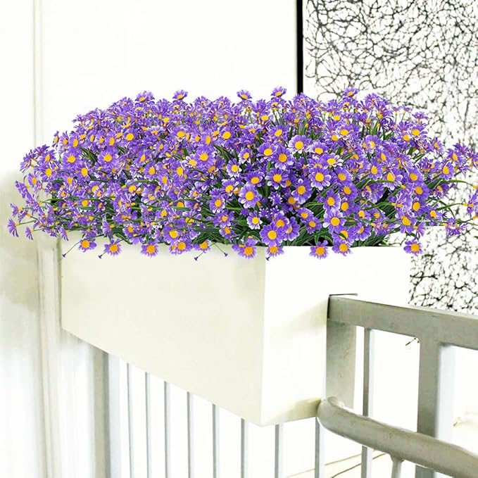8 Bundles Artificial Daisies Flowers Outdoor UV Resistant Fake Foliage Greenery Faux Plants Shrubs Plastic Bushes for Window Box Hanging Planter Farmhouse Indoor Outside Decor(Purple)