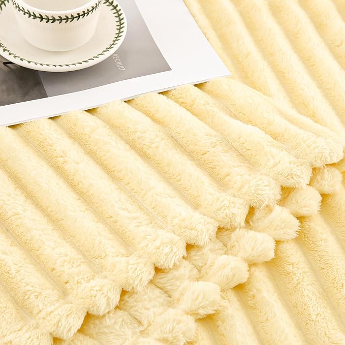 Bnuitland Super Soft Flannel Throw Blanket, 3D Striped Jacquard Fluffy Blanket for Bed,Sofa,Couch,Home Decor, 300GSM Fleece Lightweight Cozy Throw for Adults and Kids, 50X70 inches Light Yellow